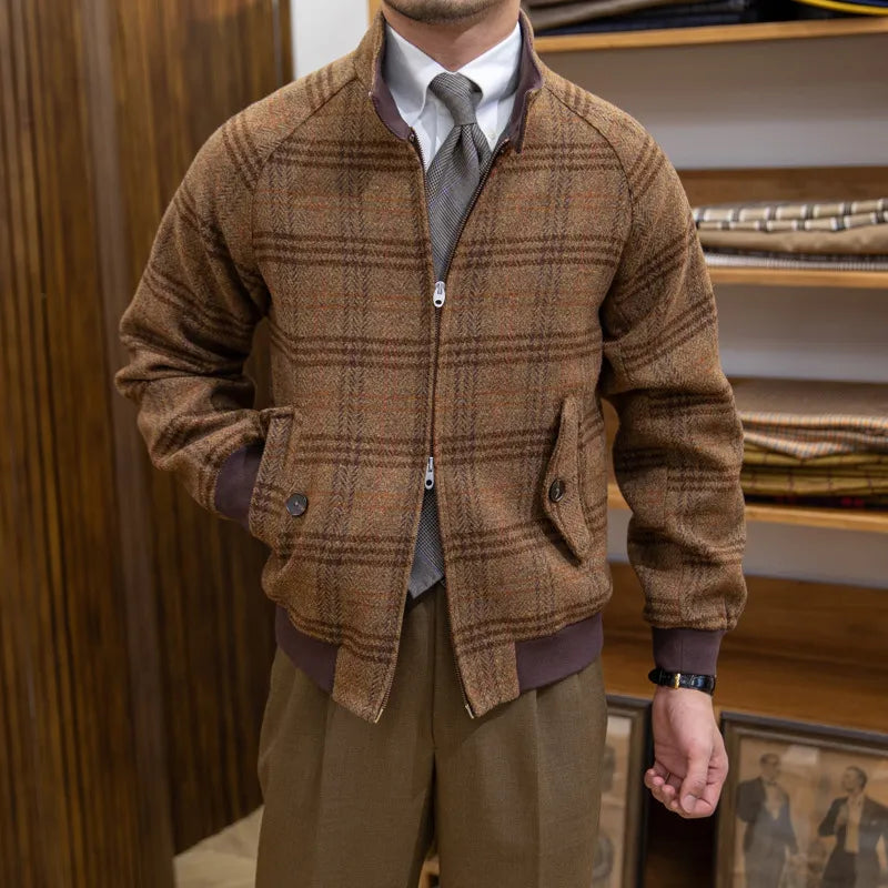 Slim-fit checked jacket with standing collar