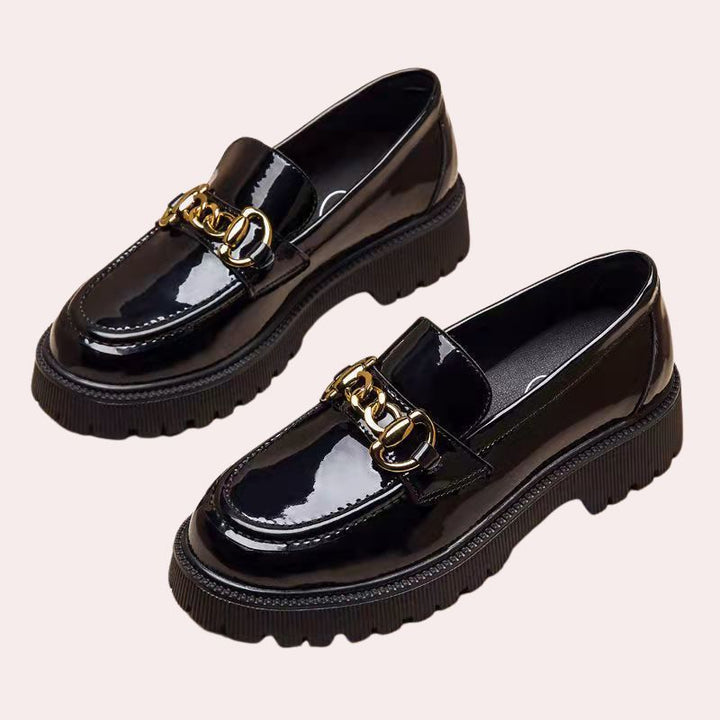 Women's imitation leather loafers with gold buckle