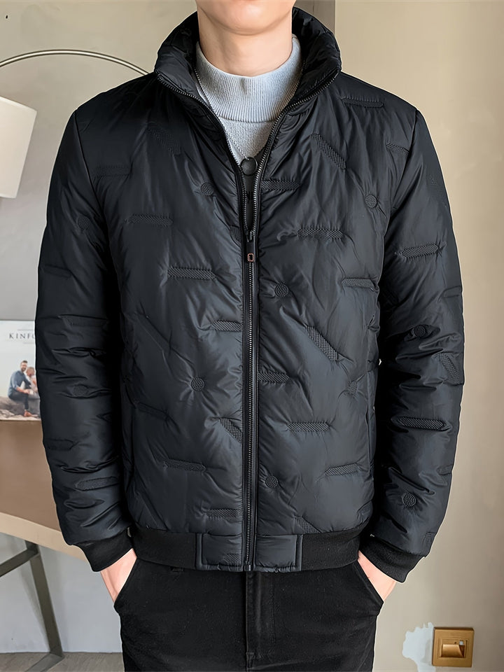 Men's Warm Solid Colour Zip-Up Stand Collar Puffer Jacket