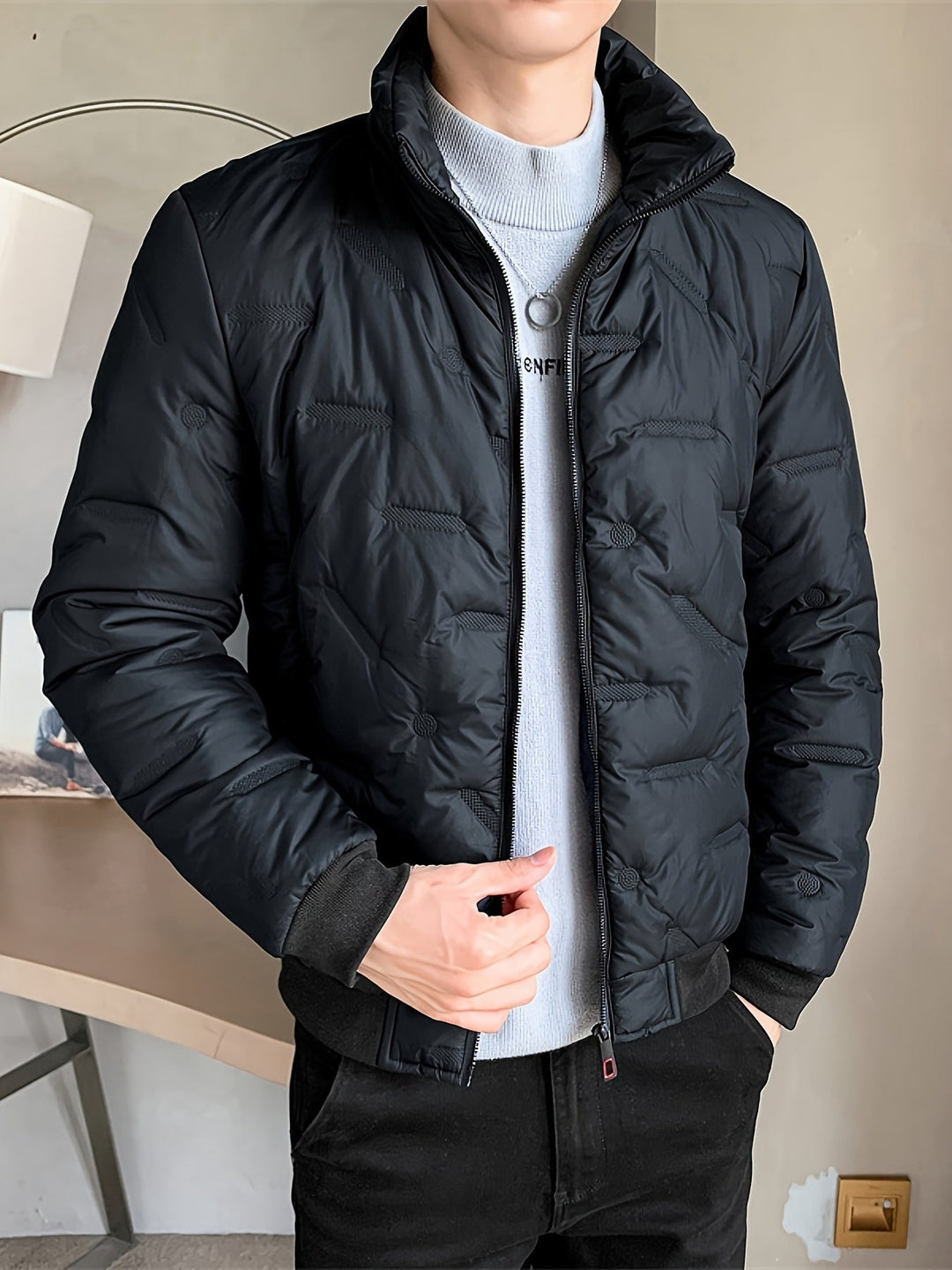 Men's Warm Solid Colour Zip-Up Stand Collar Puffer Jacket