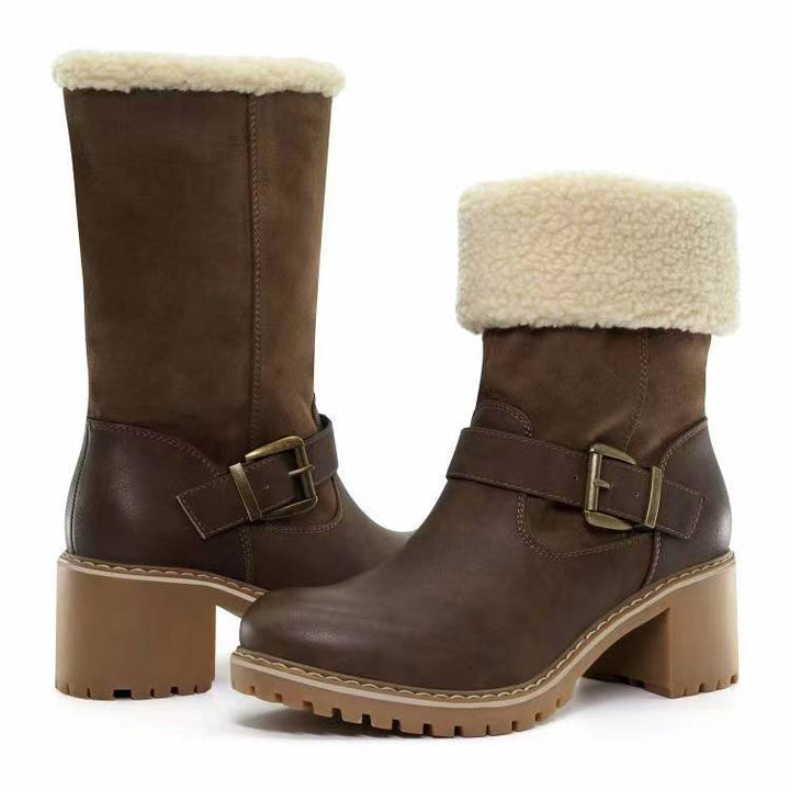 Women's thick heeled boots with buckle and soft lining