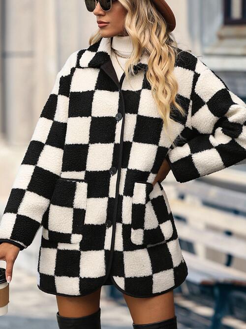 Women's checked coat with button placket and pockets