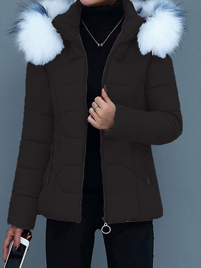 Lined winter coat with fur collar for women