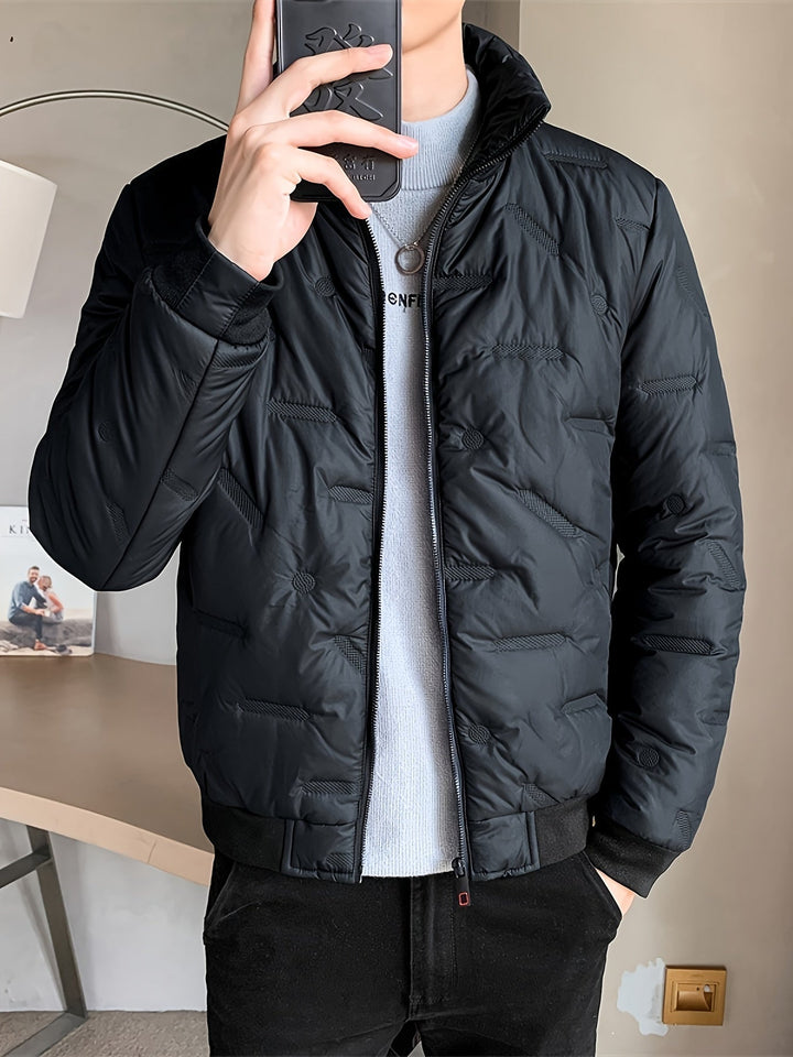 Men's Warm Solid Colour Zip-Up Stand Collar Puffer Jacket