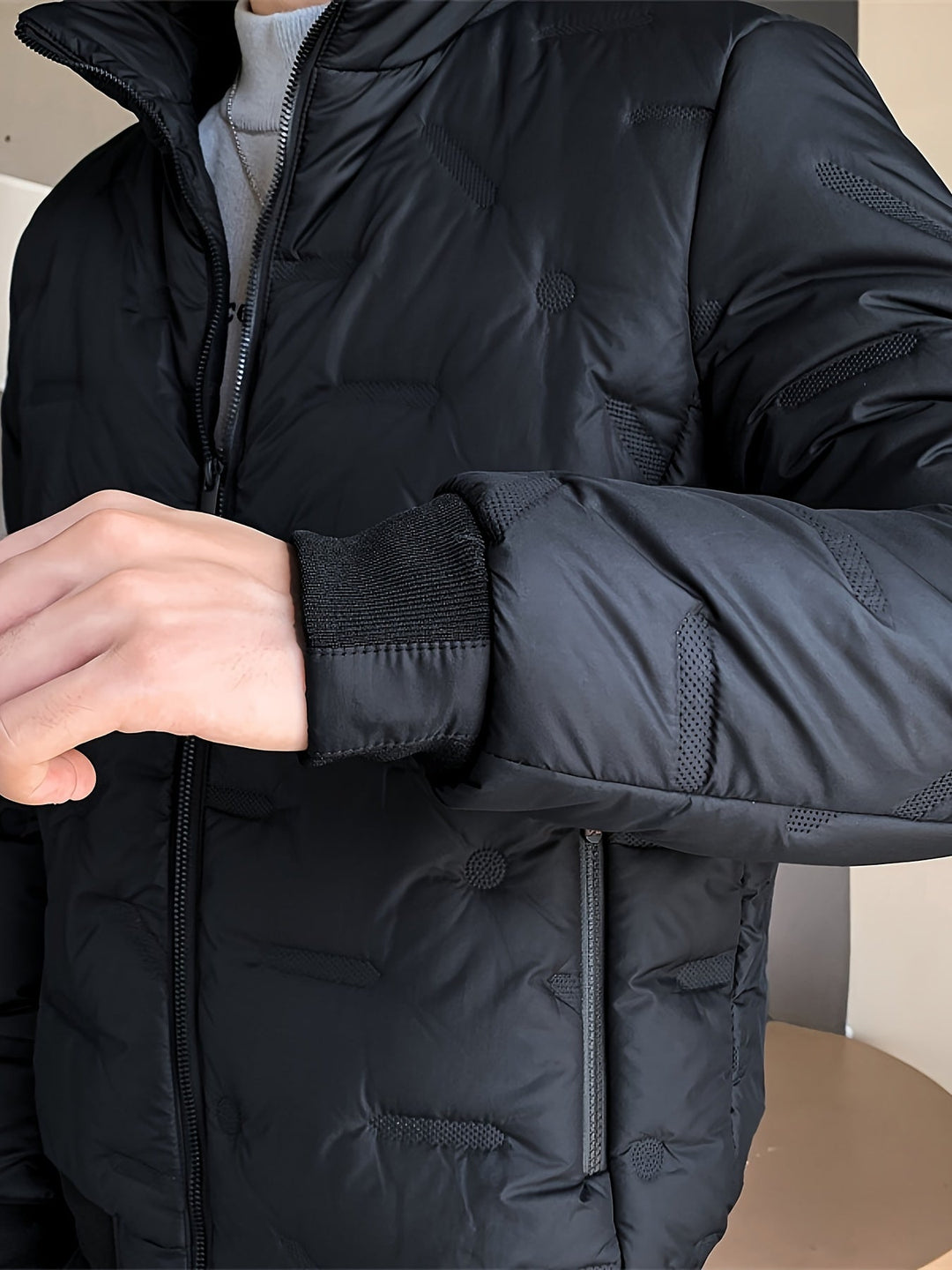 Men's Warm Solid Colour Zip-Up Stand Collar Puffer Jacket