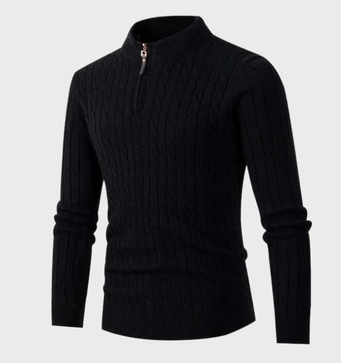 Slim-Fit Knitted Men's Sweater with Stand Collar and Zipper