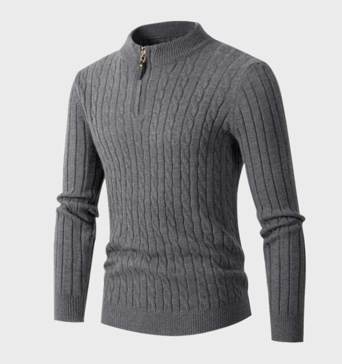 Slim-Fit Knitted Men's Sweater with Stand Collar and Zipper