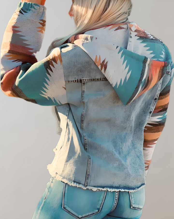 Women's Denim-Style Jacket with Multicolored Hood