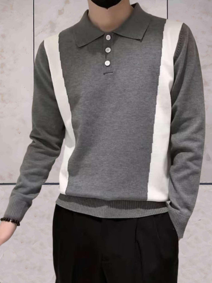 Plain Slim-Fit Sweater with Ribbed Sleeves and Polo Collar for Men