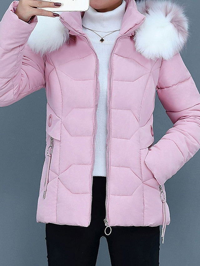 Lined winter coat with fur collar for women