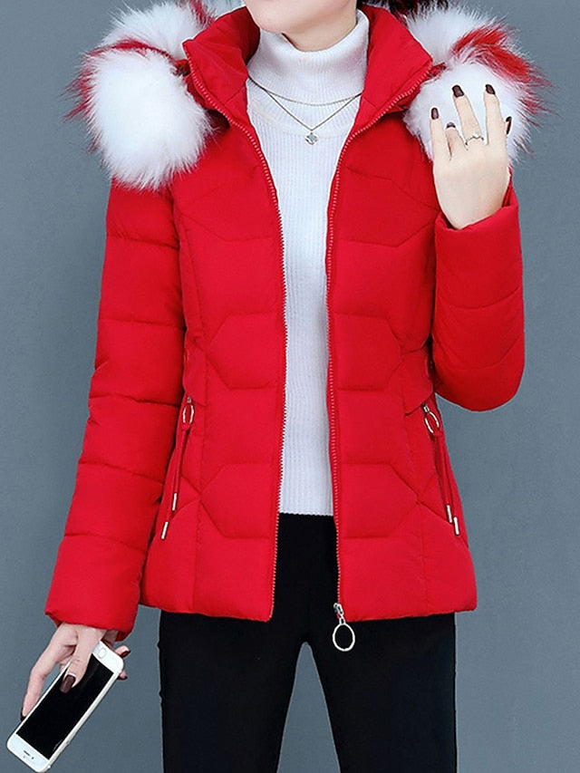 Lined winter coat with fur collar for women