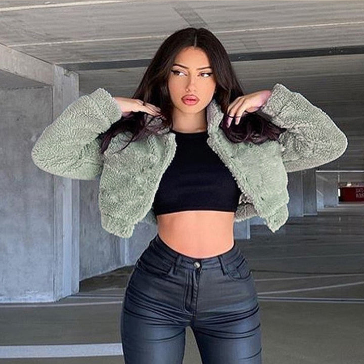 Women's cropped green teddy jacket