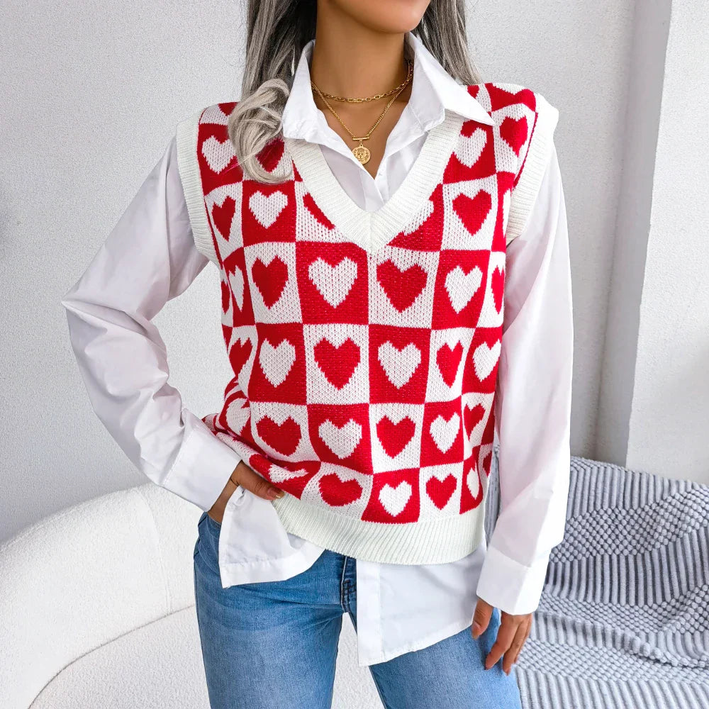 V-neck cardigan with heart print for women