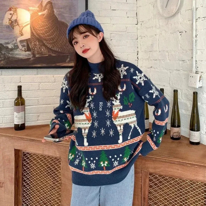 Women's warm long sleeve Christmas reindeer jumper