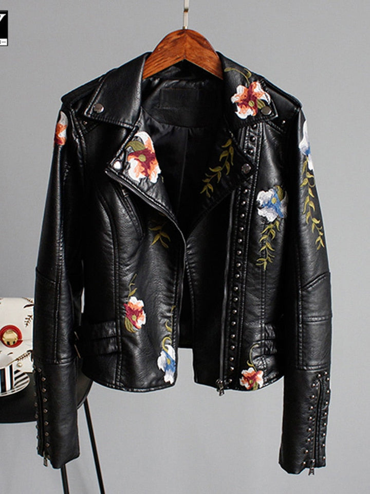 Leather Women's Jacket with Embroidered Flowers