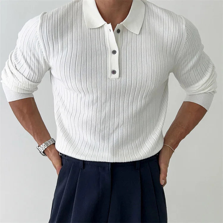 Men's striped knit polo with longsleeves