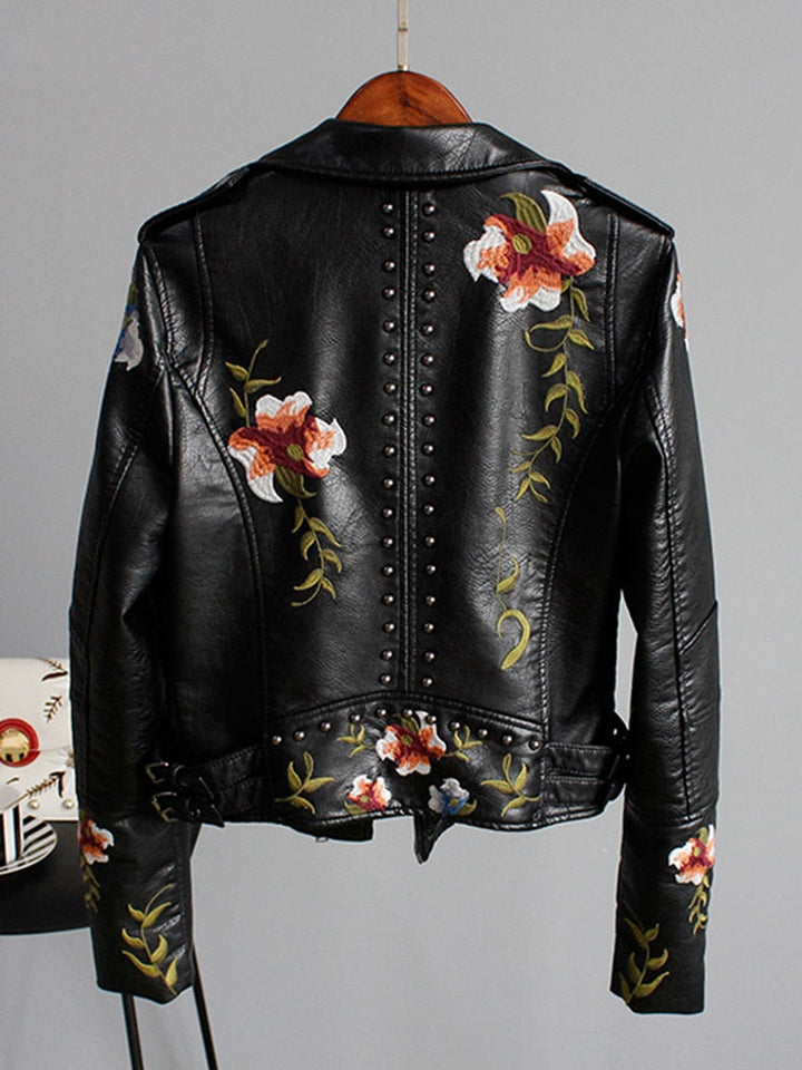 Leather Women's Jacket with Embroidered Flowers