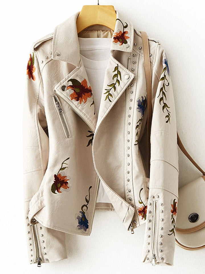 Leather Jacket with Flowers for Women