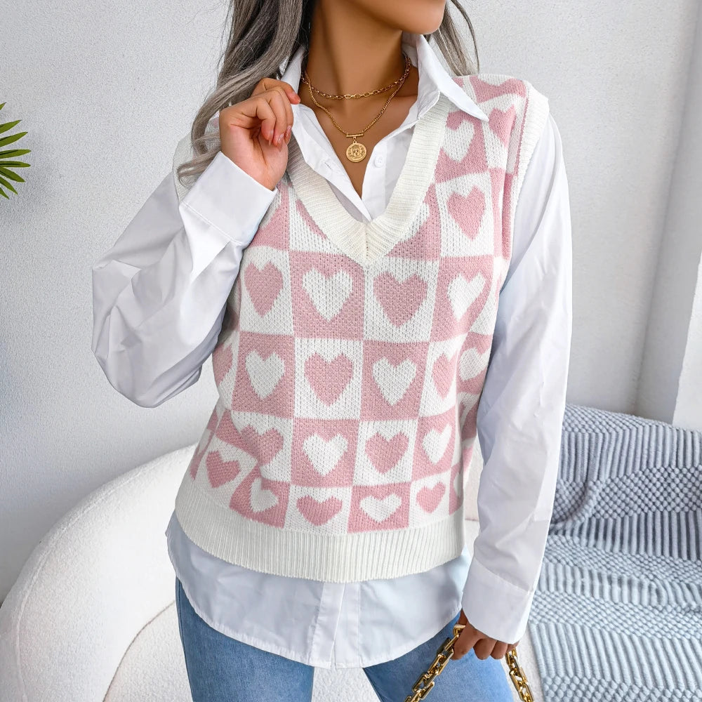 V-neck cardigan with heart print for women