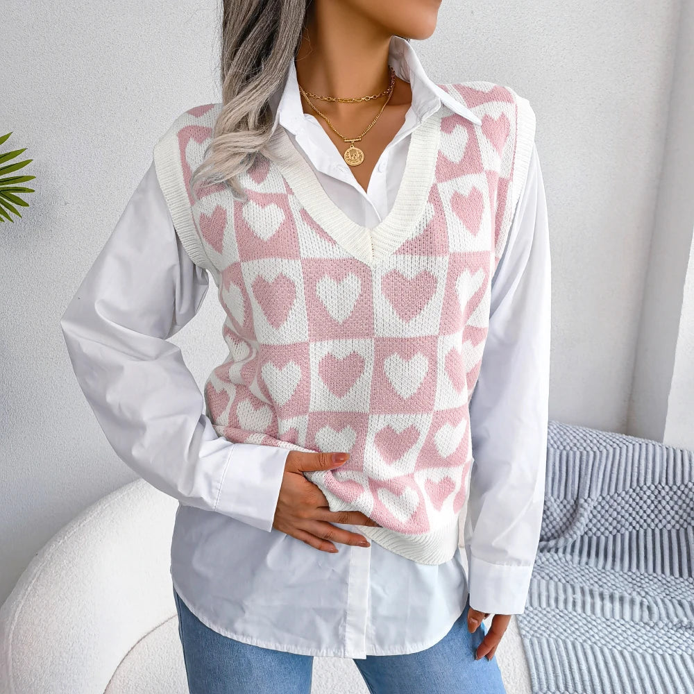 V-neck cardigan with heart print for women