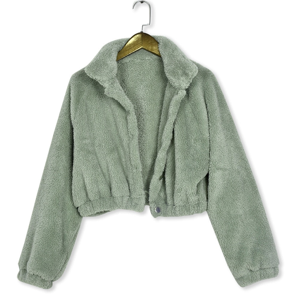 Women's cropped green teddy jacket