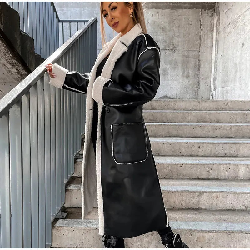 Long Leather Coat with Fur for Women