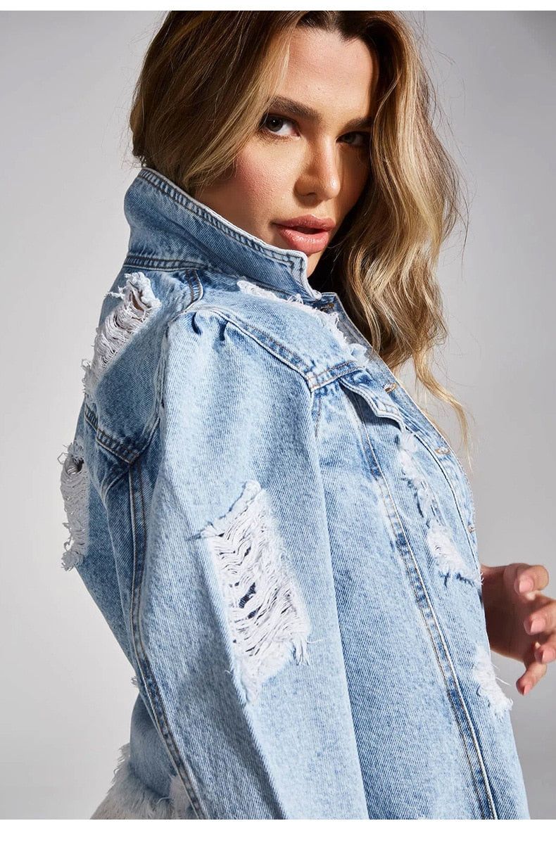 Ripped denim jacket for women