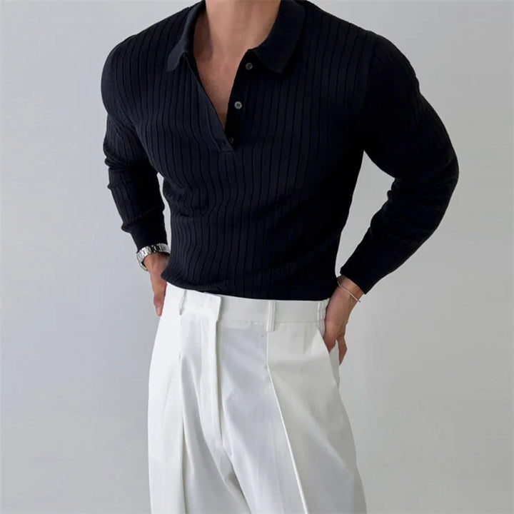 Men's striped knit polo with longsleeves