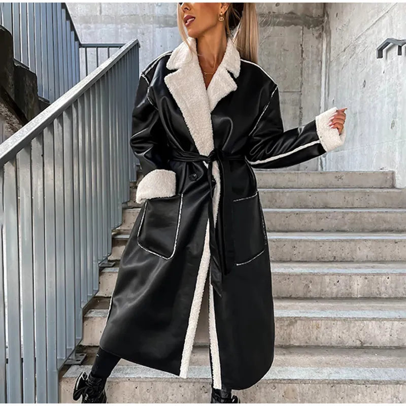 Long Leather Coat with Fur for Women