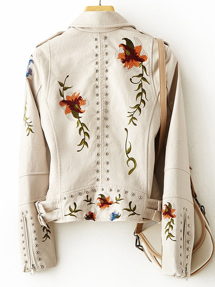 Leather Jacket with Flowers for Women