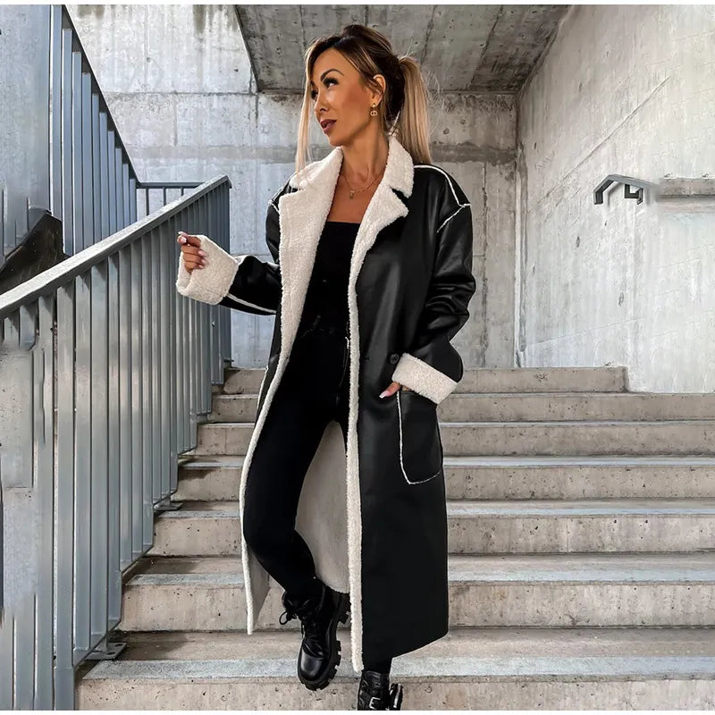 Long Leather Coat with Fur for Women