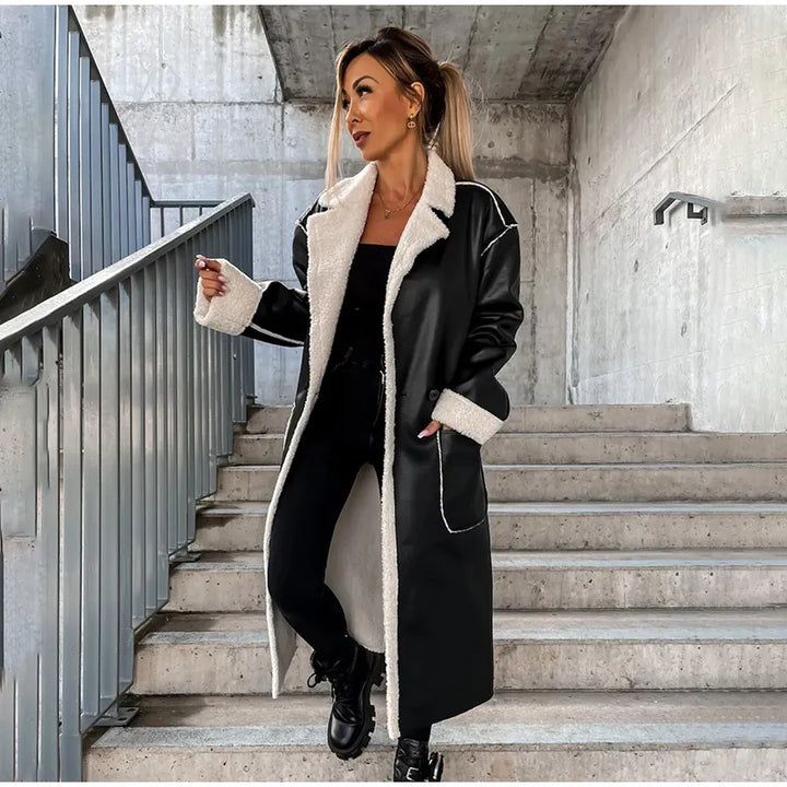 Long Leather Coat with Fur for Women