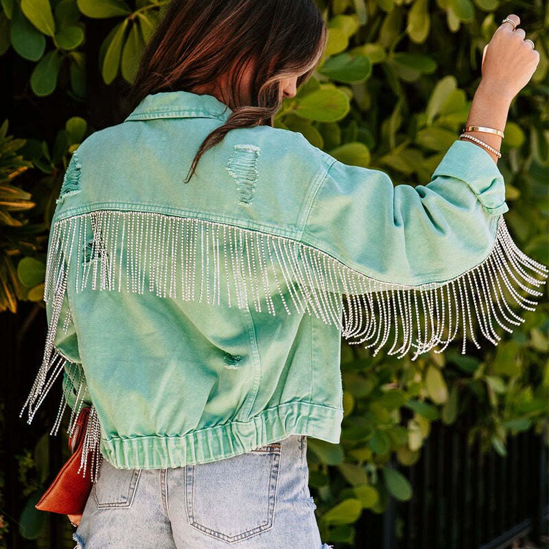 Denim Jacket with Fringes for Women