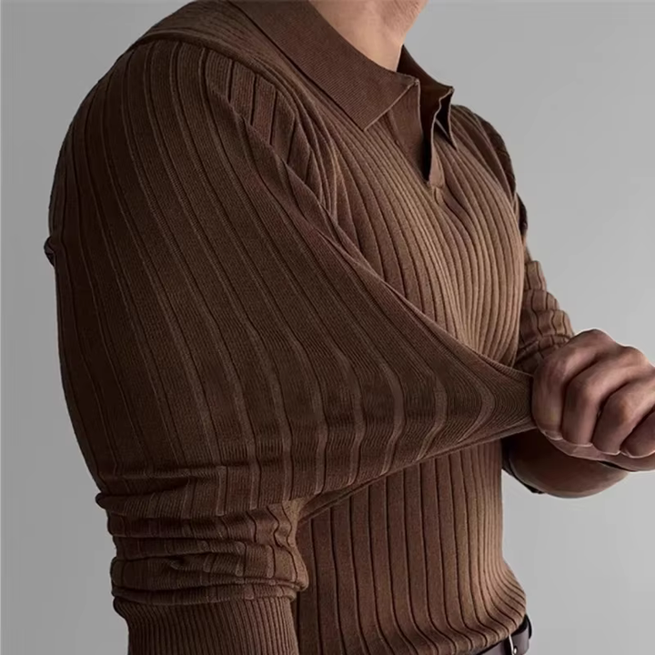 Men's striped knit polo with longsleeves