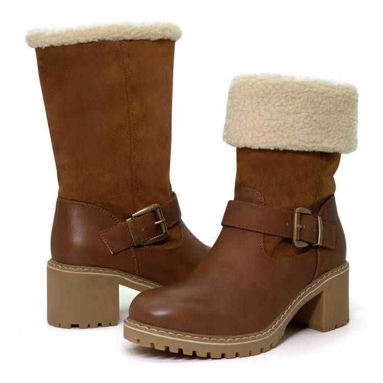 Women's thick heeled boots with buckle and soft lining