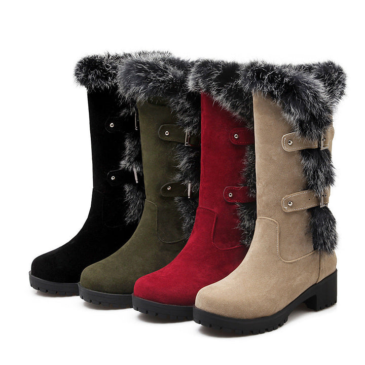 Suede women's snow boots with fur and low heel