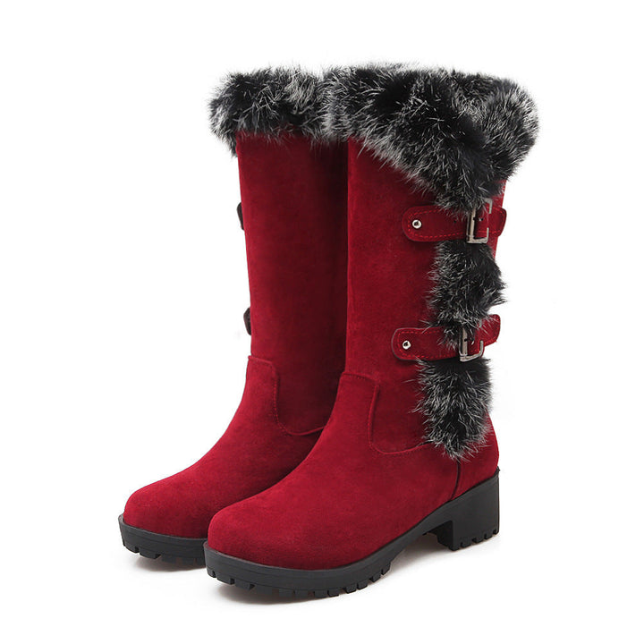 Suede women's snow boots with fur and low heel