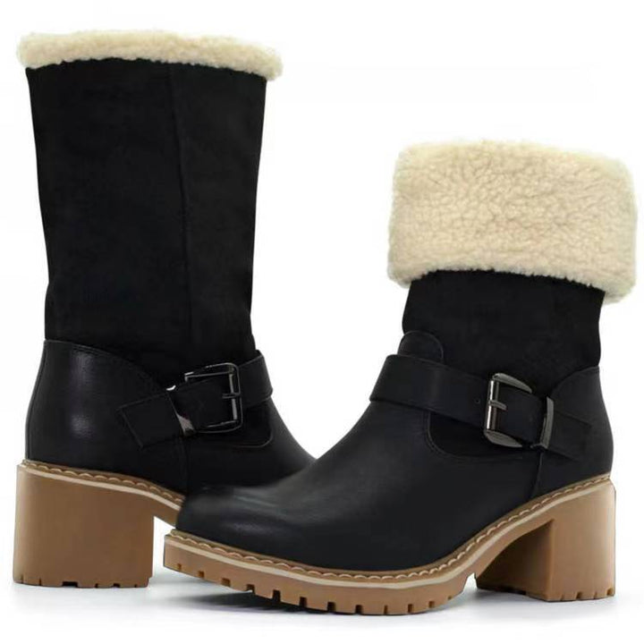 Women's thick heeled boots with buckle and soft lining