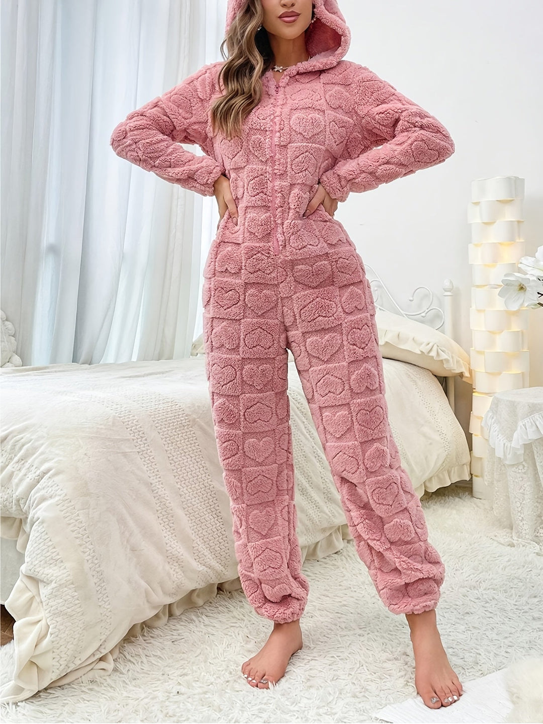 Comfortable hooded jumpsuit for women with hearts