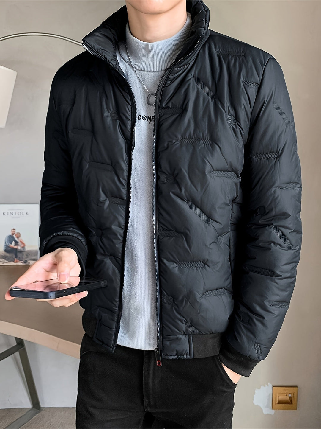 Men's Warm Solid Colour Zip-Up Stand Collar Puffer Jacket