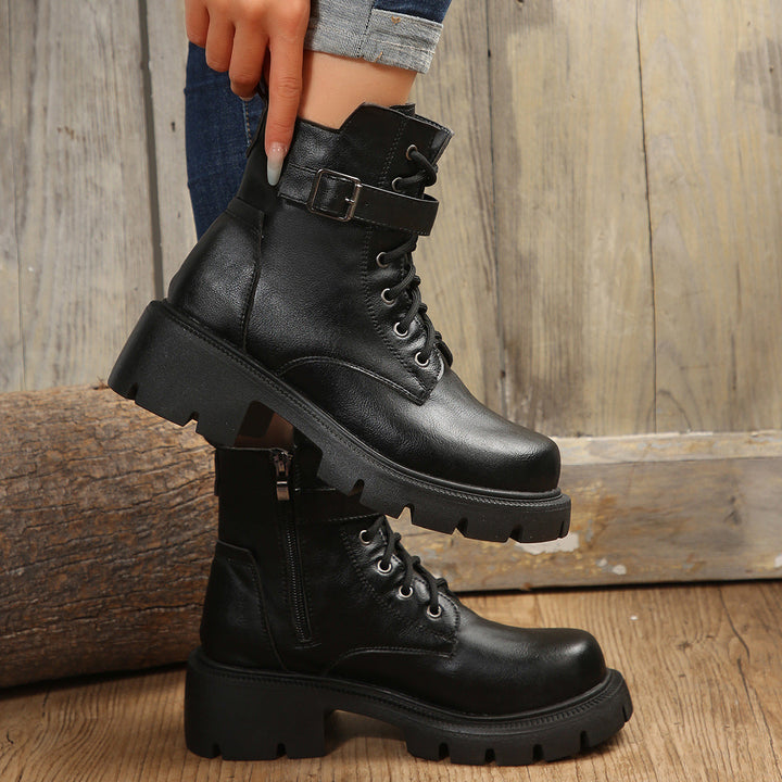 Mid-height ladies army boots with thick heel