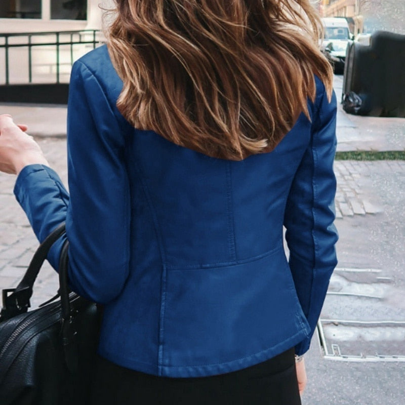 Women blue zipped (imitation) leather jacket