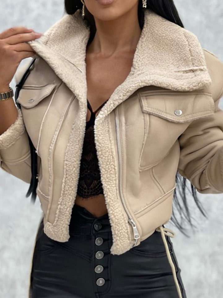 Women beige short biker jacket