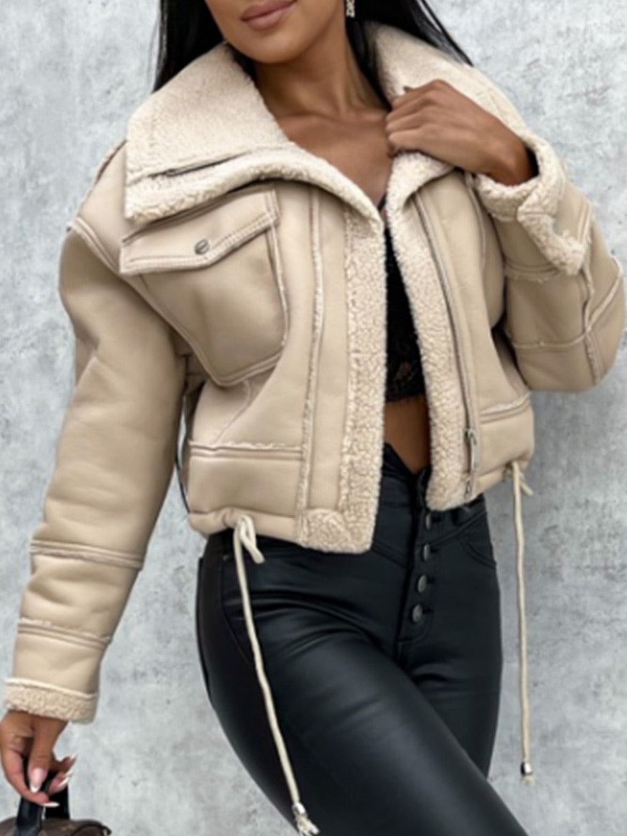 Women beige short biker jacket