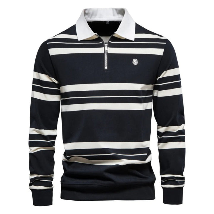 Men's stylish rugby sweater with stripes and half zip