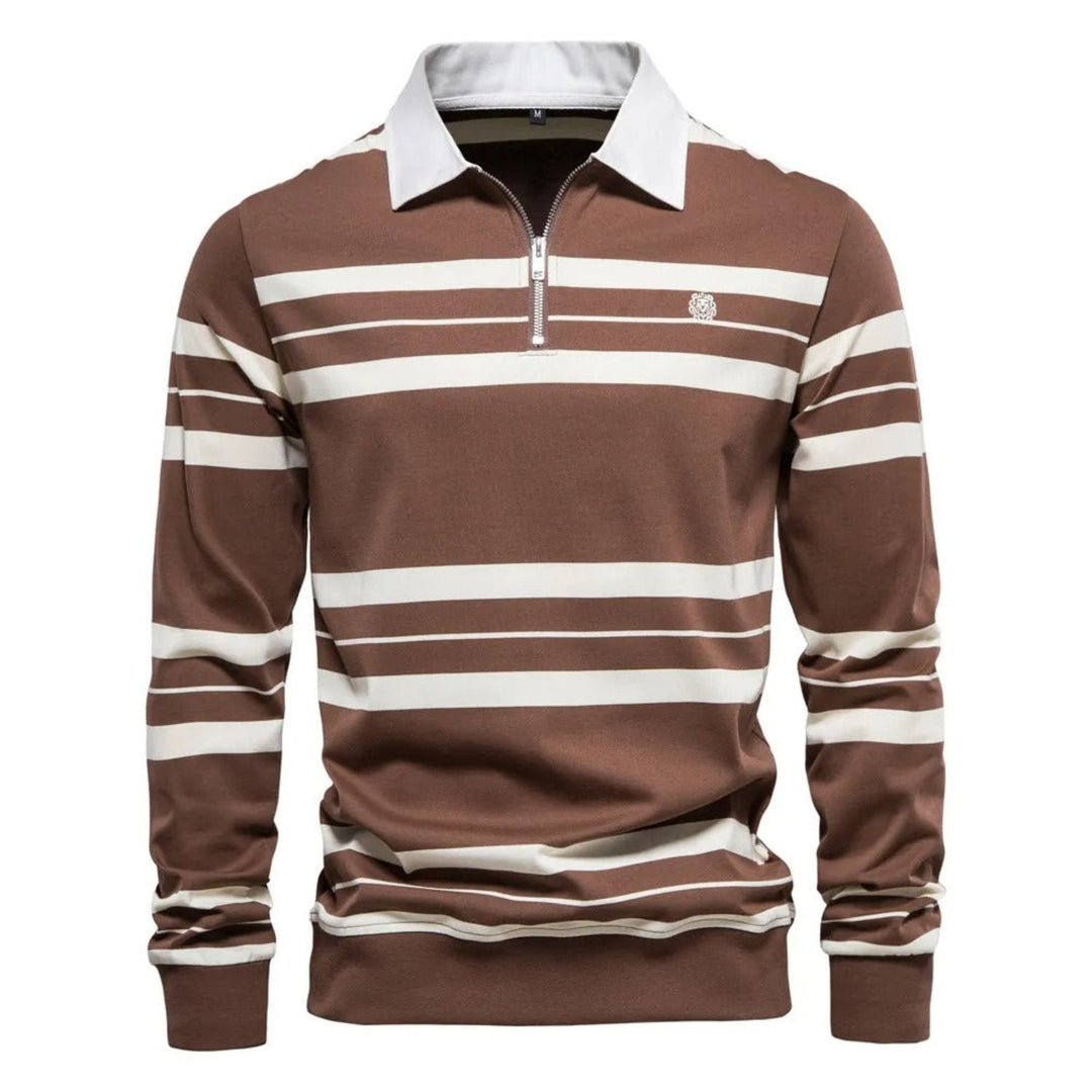 Men's stylish rugby sweater with stripes and half zip