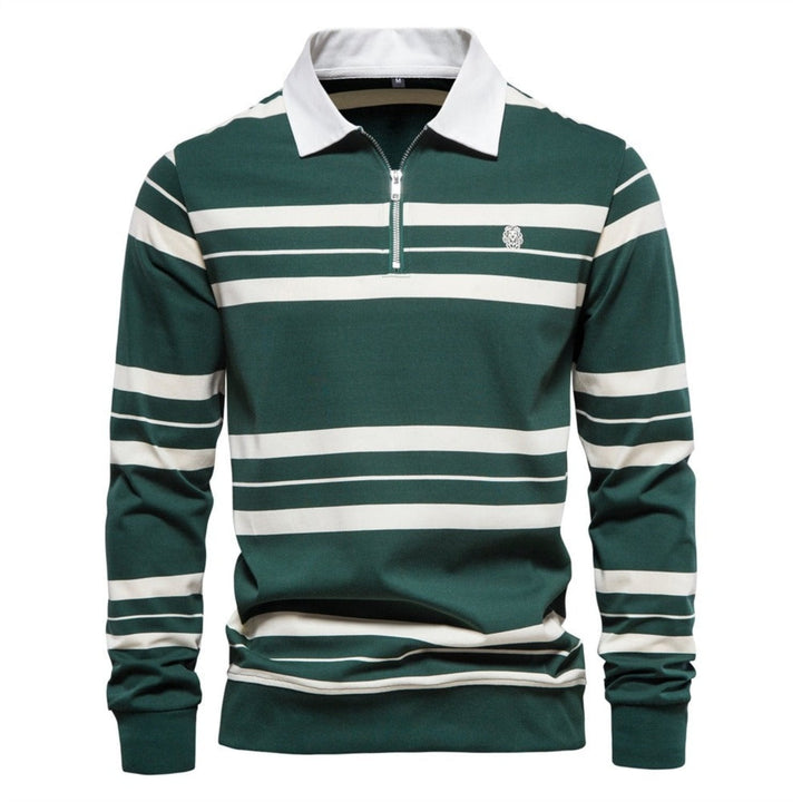 Men's stylish rugby sweater with stripes and half zip