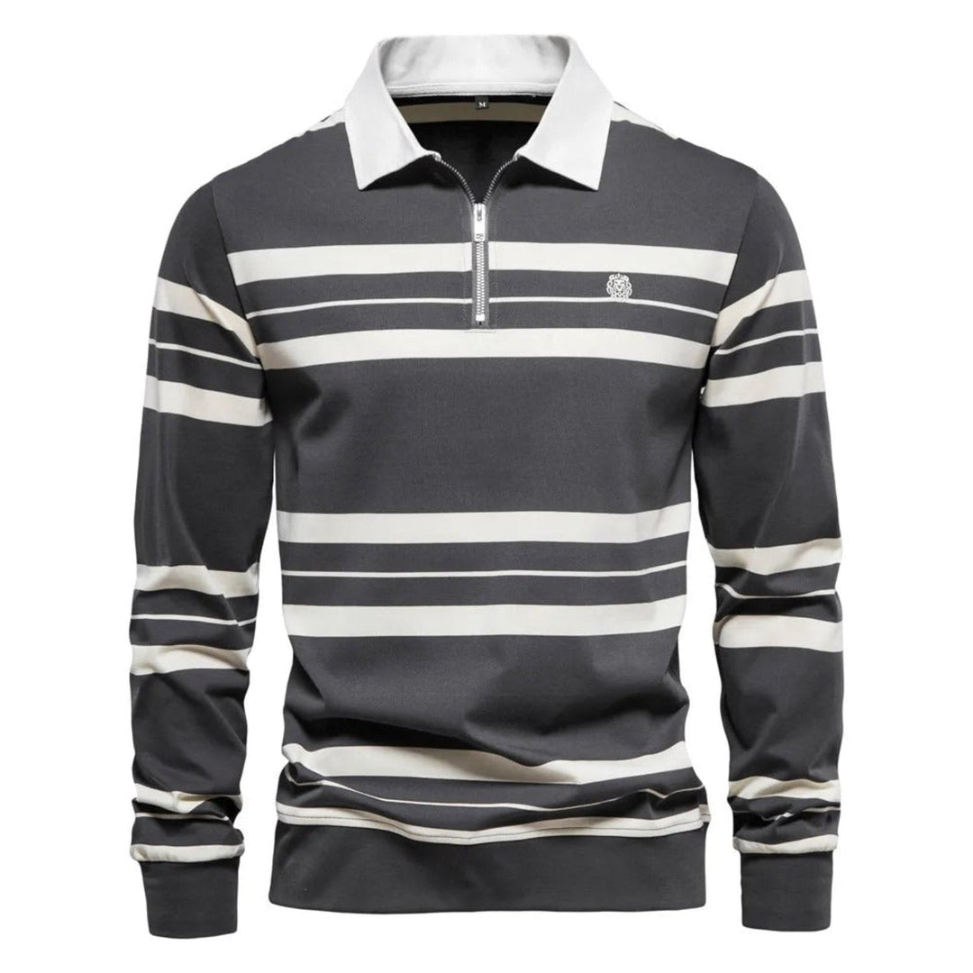 Men's stylish rugby sweater with stripes and half zip