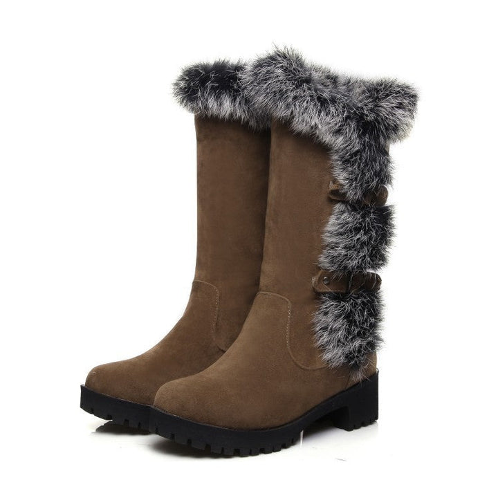 Suede women's snow boots with fur and low heel