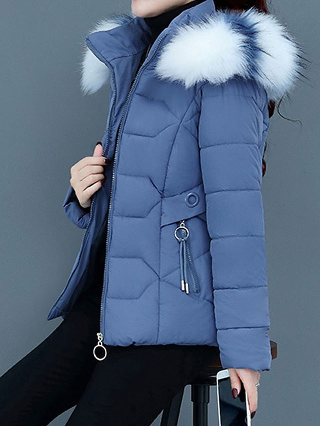 Lined winter coat with fur collar for women